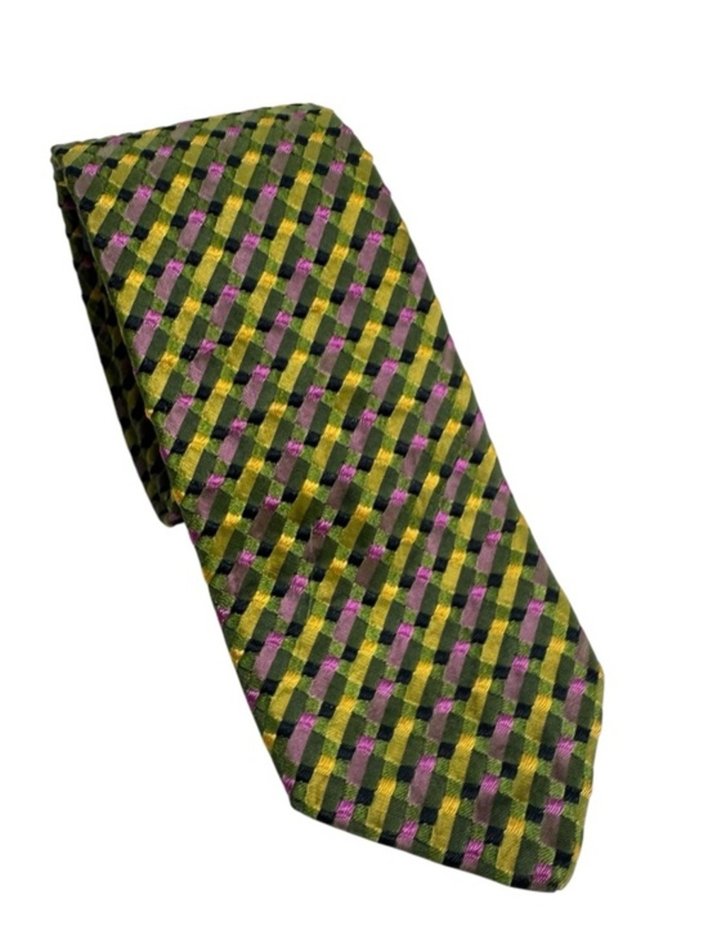 Etro Milano Italy Geometric Silk Necktie Green Purple Yellow Woven Tie